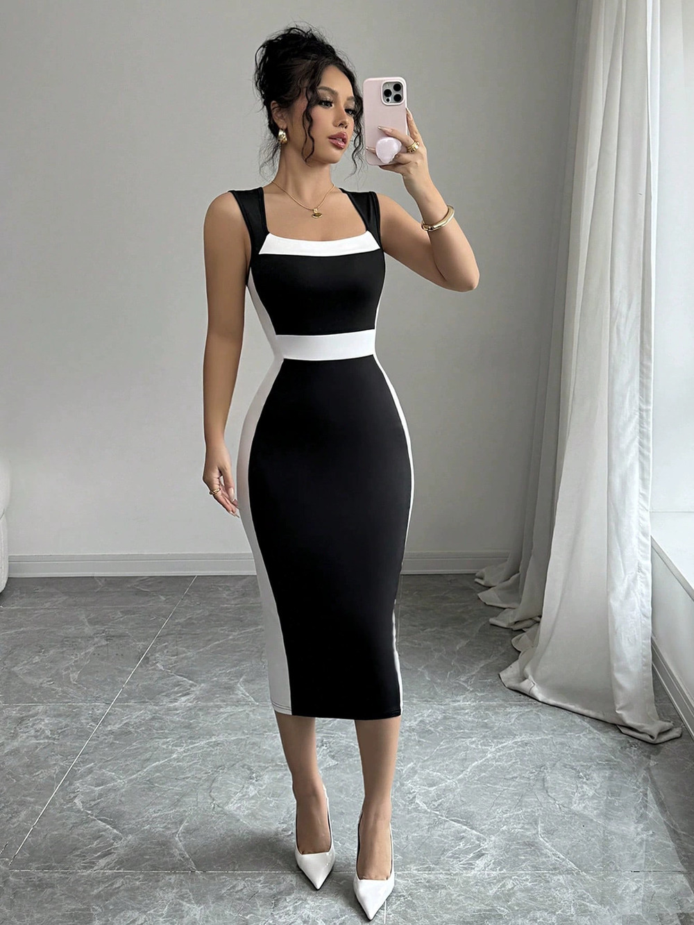 ZARA Classy Summer Square Neck Spaghetti Strap Color Block Maxi Dress